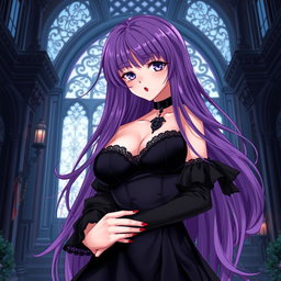 A captivating gothic anime girl with long, flowing purple hair, adorned in a beautifully designed black dress featuring elegant black sleeves that enhance her gothic allure