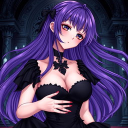 A captivating gothic anime girl with long, flowing purple hair, adorned in a beautifully designed black dress featuring elegant black sleeves that enhance her gothic allure