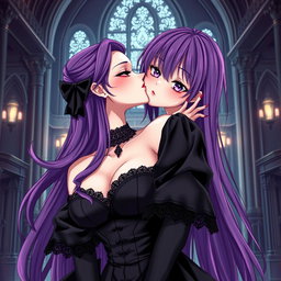 A captivating gothic anime girl with long, flowing purple hair, adorned in a beautifully designed black dress featuring elegant black sleeves that enhance her gothic allure