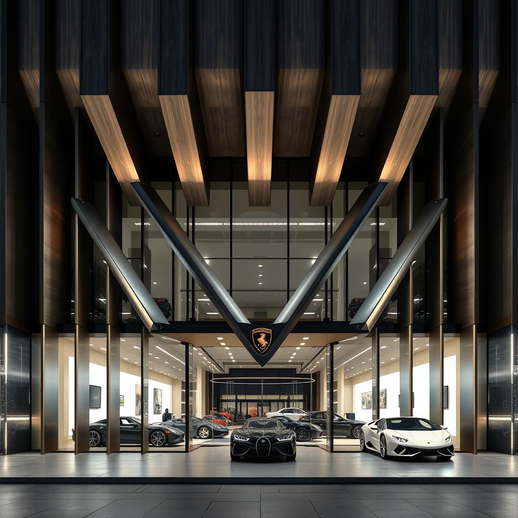 A modern architectural facade design featuring twelve vertical fins representing V12 cylinders, evenly spaced across the facade, made of a blend of brushed aluminum and glass with LED lighting embedded for a futuristic appearance