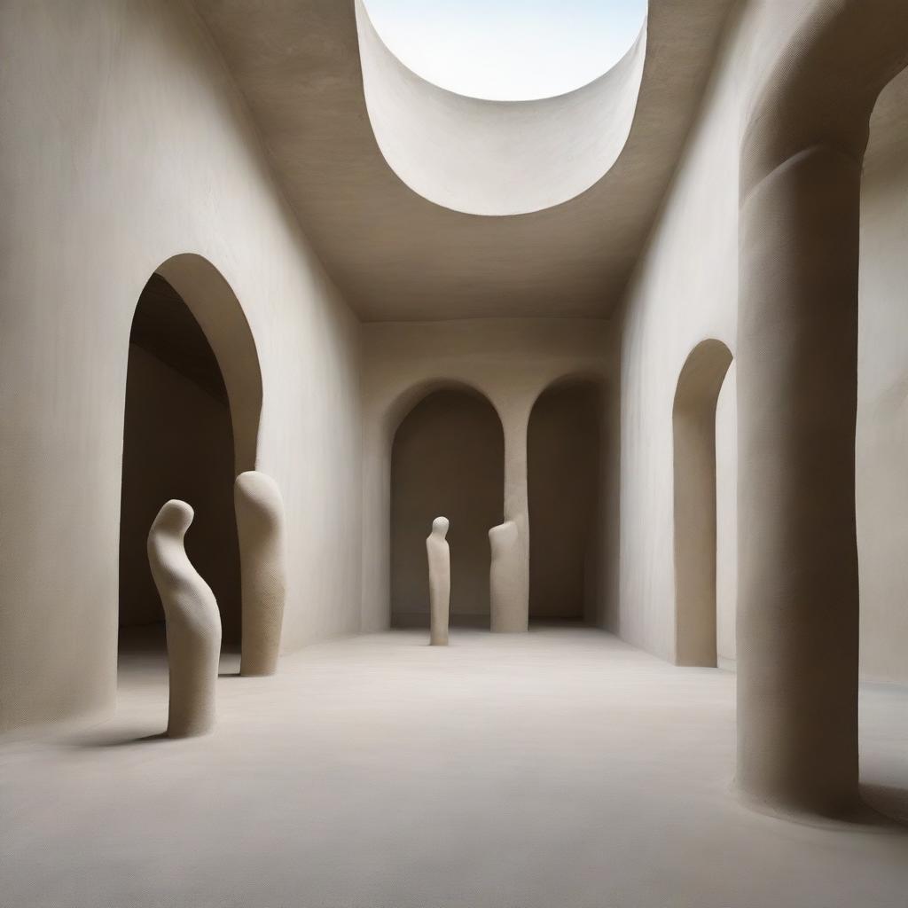 An impressively large, avant-garde gallery adorned with polished concrete walls, where a beach-inspired floor cradles an enormous sand sculpture as its centrepiece. Among the captivating artworks, tiny silhouettes are absorbed in admiration, all captured through evocative architectural photography.