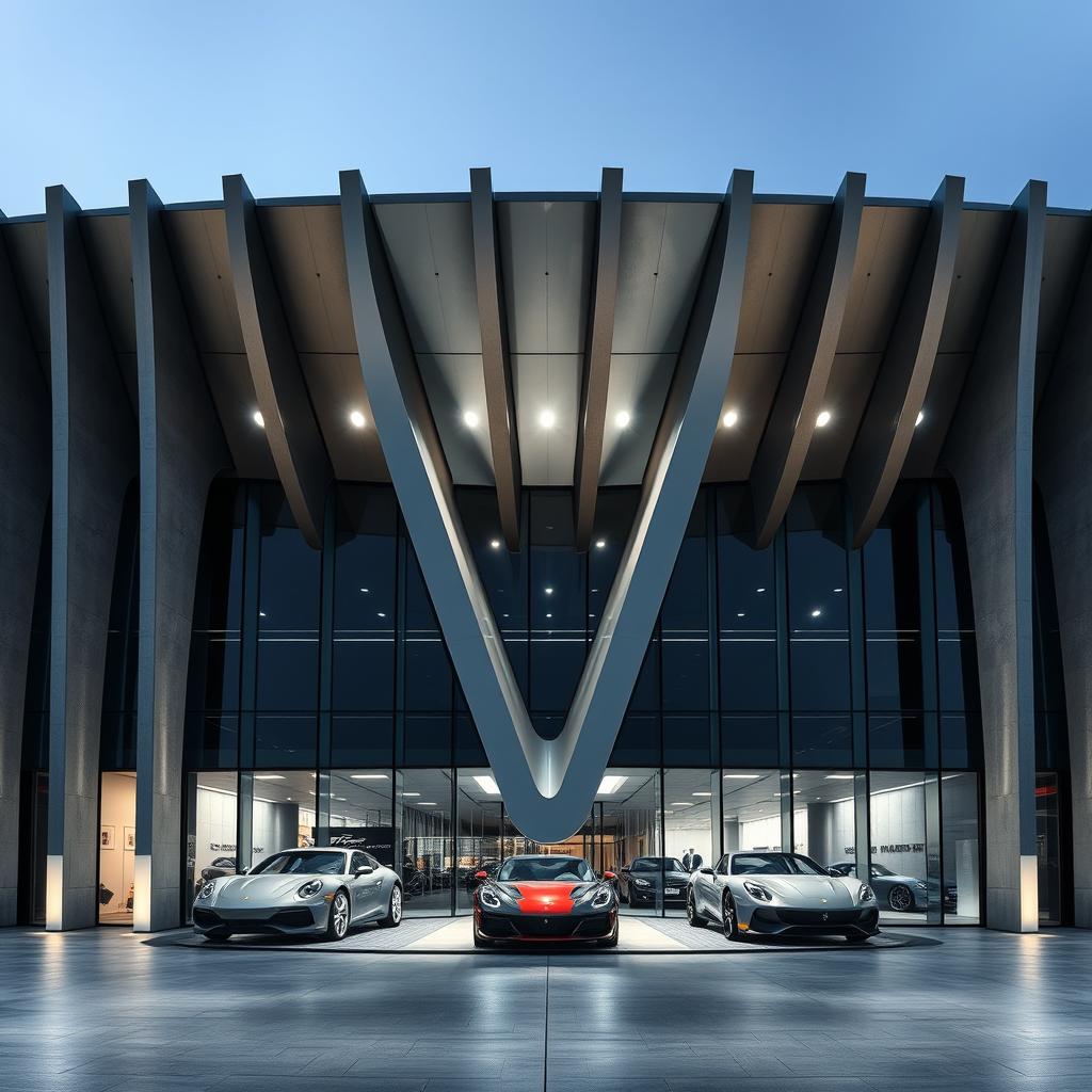 A futuristic façade design featuring twelve vertical fins, symbolizing V12 cylinders, evenly spaced across the structure