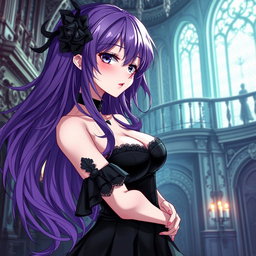 A captivating gothic anime girl with flowing purple hair, elegantly dressed in a gorgeous black dress with stylish black sleeves that enhance her gothic appearance