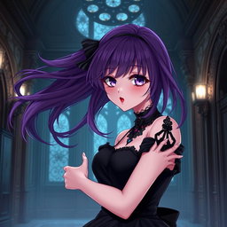 A captivating gothic anime girl with flowing purple hair, elegantly dressed in a gorgeous black dress with stylish black sleeves that enhance her gothic appearance