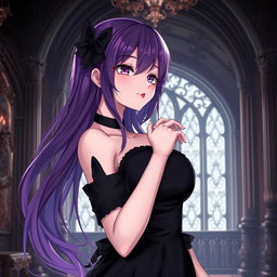 A captivating gothic anime girl with flowing purple hair, elegantly dressed in a gorgeous black dress with stylish black sleeves that enhance her gothic appearance