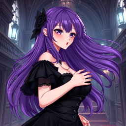 A captivating gothic anime girl with flowing purple hair, elegantly dressed in a gorgeous black dress with stylish black sleeves that enhance her gothic appearance