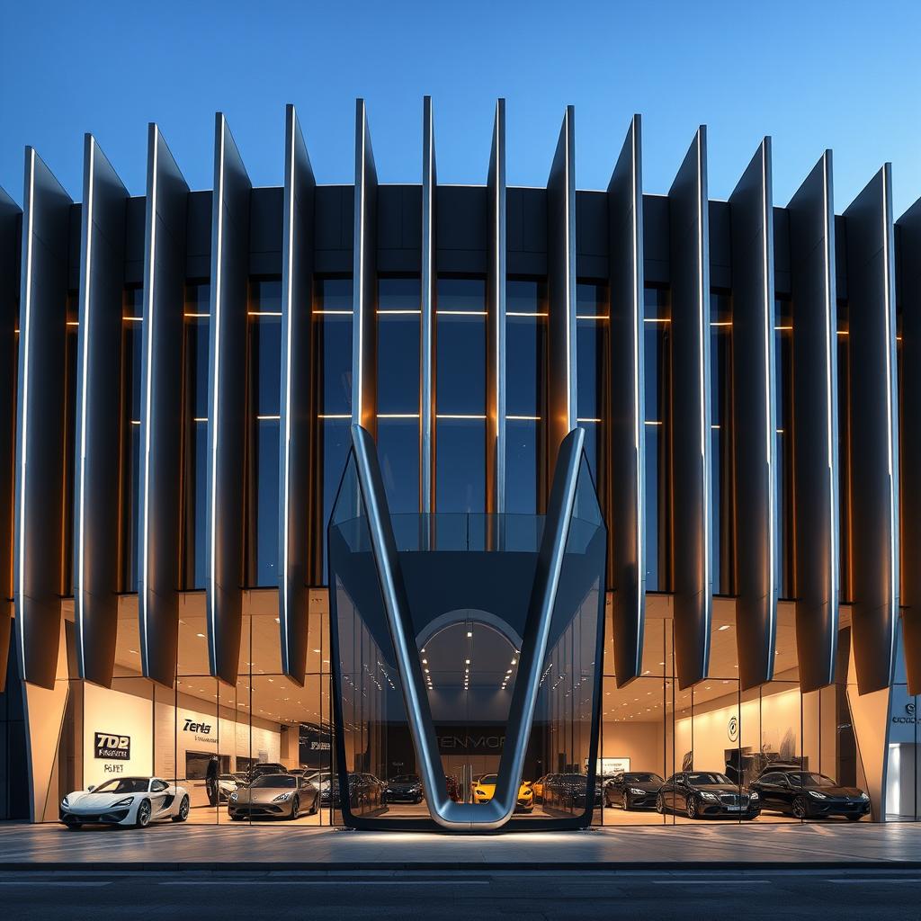A stunning modern facade design featuring twelve vertical fins made of brushed aluminum and glass, symbolizing V12 cylinders, evenly spaced across the elevation