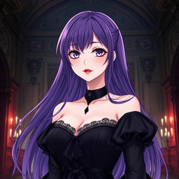 A mesmerizing gothic anime girl with long, flowing purple hair, dressed in a stunning black dress that features elegant black sleeves, perfectly reflecting her dark, enchanting style