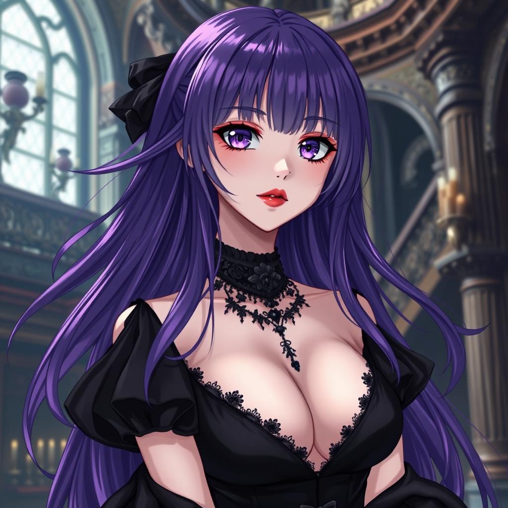 A mesmerizing gothic anime girl with long, flowing purple hair, dressed in a stunning black dress that features elegant black sleeves, perfectly reflecting her dark, enchanting style