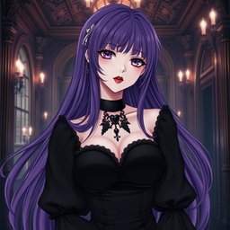 A mesmerizing gothic anime girl with long, flowing purple hair, dressed in a stunning black dress that features elegant black sleeves, perfectly reflecting her dark, enchanting style
