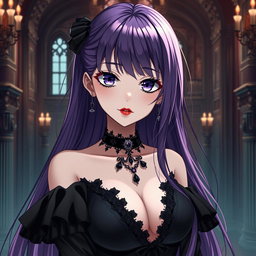 A mesmerizing gothic anime girl with long, flowing purple hair, dressed in a stunning black dress that features elegant black sleeves, perfectly reflecting her dark, enchanting style