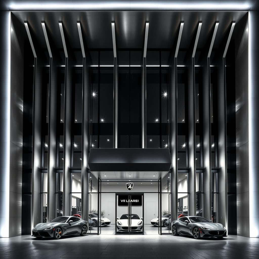 A captivating modern facade design showcasing twelve vertical fins crafted from brushed aluminum and glass, symbolizing V12 cylinders