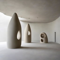 An impressively large, avant-garde gallery adorned with polished concrete walls, where a beach-inspired floor cradles an enormous sand sculpture as its centrepiece. Among the captivating artworks, tiny silhouettes are absorbed in admiration, all captured through evocative architectural photography.