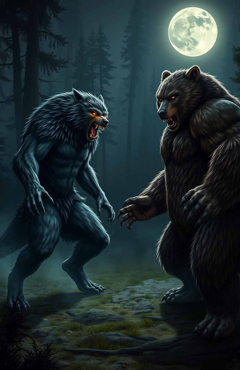 A dramatic showdown between a werewolf and a werebear, both in a forest clearing illuminated by a full moon
