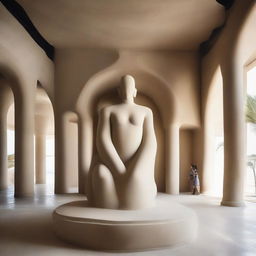 Centered in the capacious avant-garde gallery with polished concrete walls, a colossal sand sculpture stands as the showpiece, occupying pride of place. It coexists with a beach-inspired floor and the mesmerized tiny silhouettes amidst elegant artworks, all framed in dynamic architectural photography.