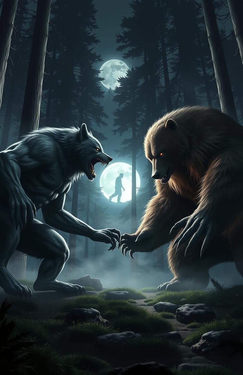 A dramatic showdown between fierce werewolves and powerful werebears in a moonlit forest setting