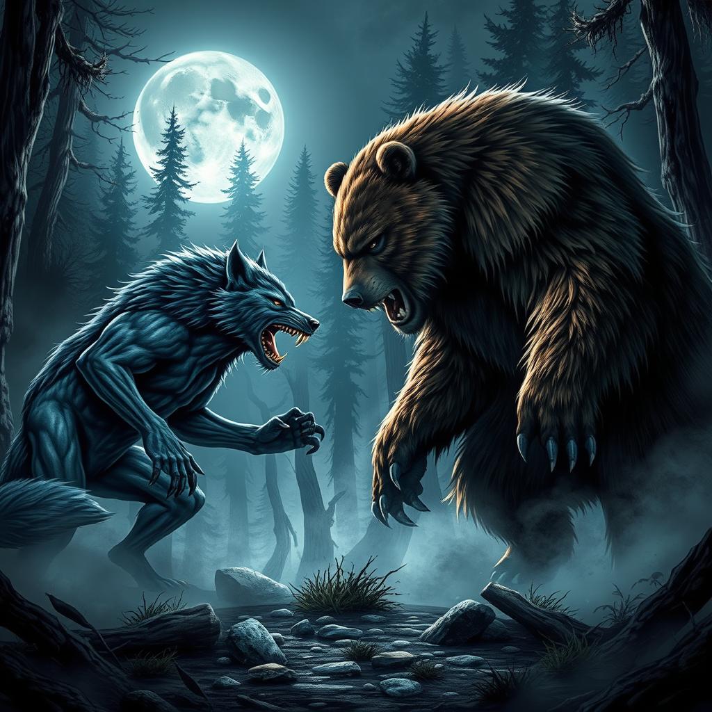 A thrilling face-off between fierce werewolves and massive werebears set in a dark, enchanted forest at night