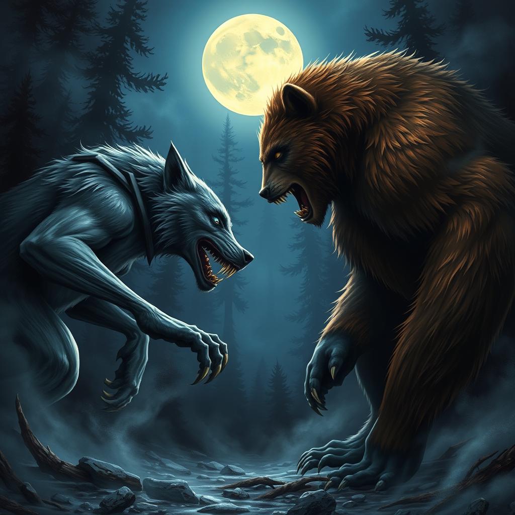 A captivating scene depicting werewolves and werebears facing each other in an intense standoff