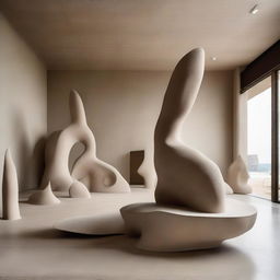 Centered in the capacious avant-garde gallery with polished concrete walls, a colossal sand sculpture stands as the showpiece, occupying pride of place. It coexists with a beach-inspired floor and the mesmerized tiny silhouettes amidst elegant artworks, all framed in dynamic architectural photography.