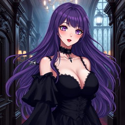 A stunning gothic anime girl with long, flowing purple hair, elegantly adorned in a beautiful black dress complete with flowing black sleeves that enhance her gothic style
