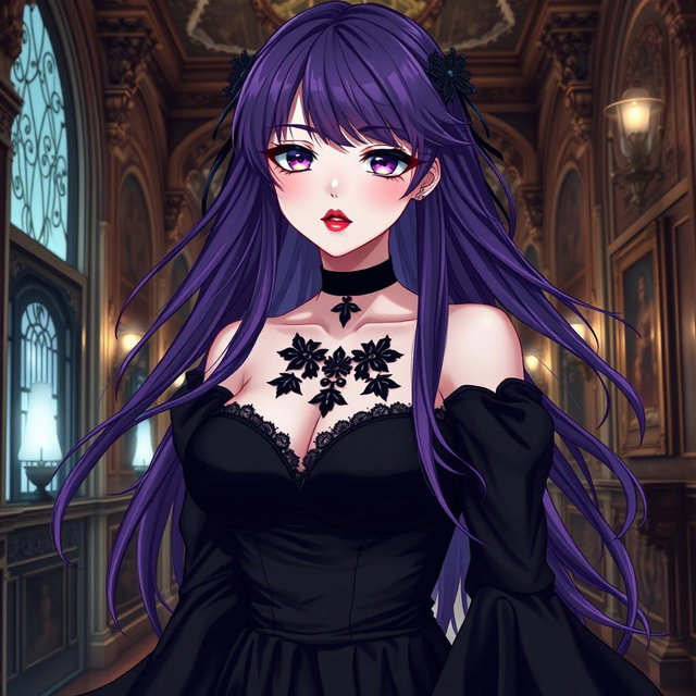 A stunning gothic anime girl with long, flowing purple hair, elegantly adorned in a beautiful black dress complete with flowing black sleeves that enhance her gothic style