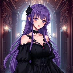 A stunning gothic anime girl with long, flowing purple hair, elegantly adorned in a beautiful black dress complete with flowing black sleeves that enhance her gothic style
