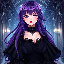 A stunning gothic anime girl with long, flowing purple hair, elegantly adorned in a beautiful black dress complete with flowing black sleeves that enhance her gothic style