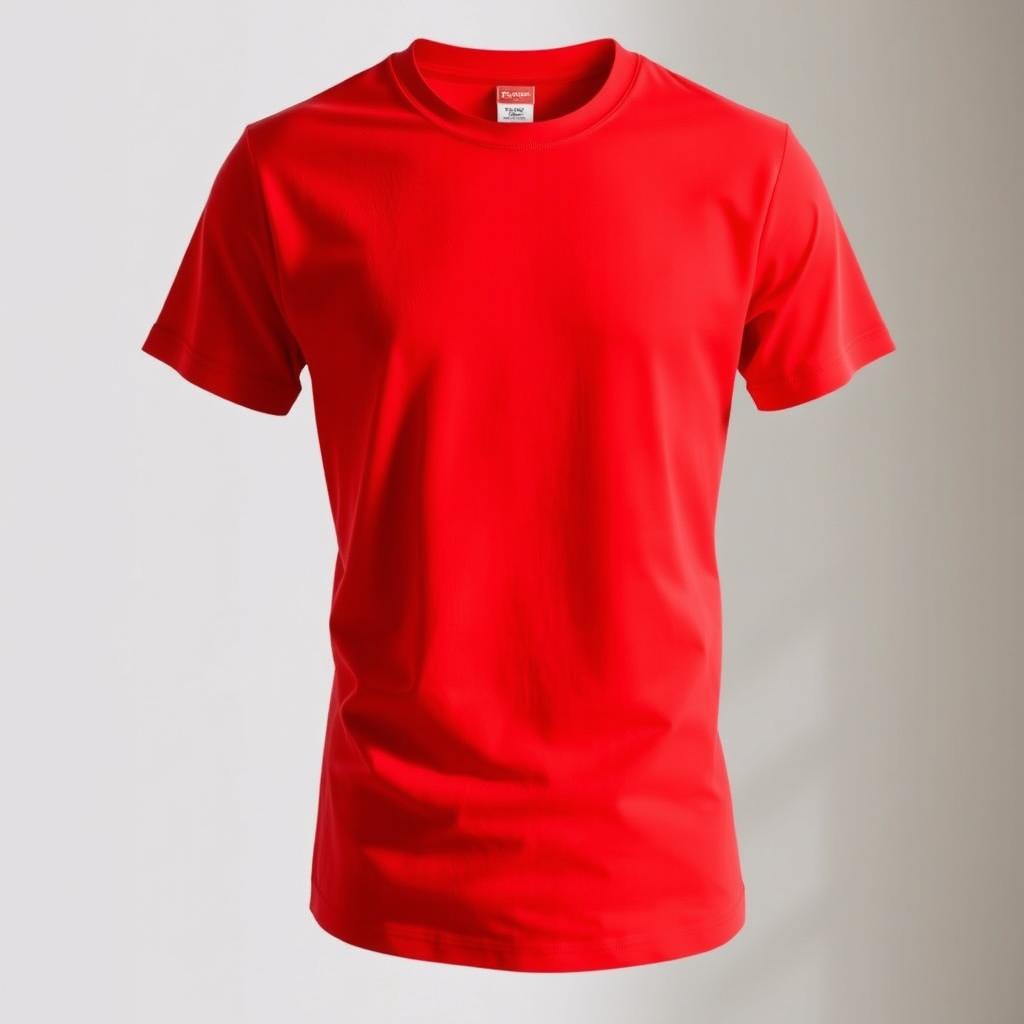 A vibrant red t-shirt displayed in a stylish and eye-catching manner, showcasing its bright color and soft fabric texture