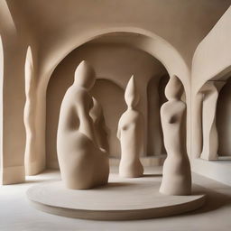 Centered in the capacious avant-garde gallery with polished concrete walls, a colossal sand sculpture stands as the showpiece, occupying pride of place. It coexists with a beach-inspired floor and the mesmerized tiny silhouettes amidst elegant artworks, all framed in dynamic architectural photography.