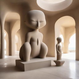 Centered in the capacious avant-garde gallery with polished concrete walls, a colossal sand sculpture stands as the showpiece, occupying pride of place. It coexists with a beach-inspired floor and the mesmerized tiny silhouettes amidst elegant artworks, all framed in dynamic architectural photography.