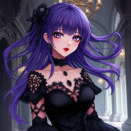 A stunning gothic anime girl with flowing purple hair, dressed in a beautiful gothic black dress adorned with intricate black sleeves and chains