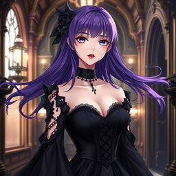 A stunning gothic anime girl with flowing purple hair, dressed in a beautiful gothic black dress adorned with intricate black sleeves and chains