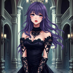 A stunning gothic anime girl with flowing purple hair, dressed in a beautiful gothic black dress adorned with intricate black sleeves and chains