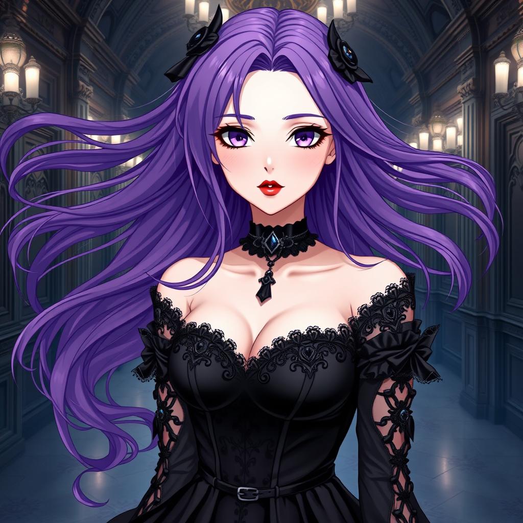 A stunning gothic anime girl with flowing purple hair, dressed in a beautiful gothic black dress adorned with intricate black sleeves and chains