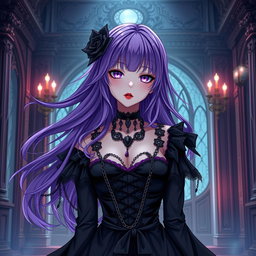 A captivating gothic anime girl with flowing purple hair, dressed in an exquisite gothic black dress that features elegant black sleeves and elaborate chains