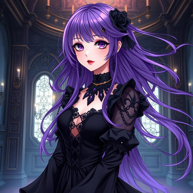 A captivating gothic anime girl with flowing purple hair, dressed in an exquisite gothic black dress that features elegant black sleeves and elaborate chains