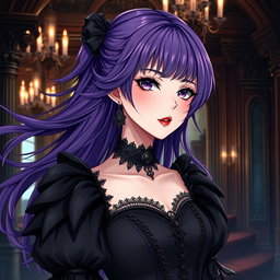 A captivating gothic anime girl with flowing purple hair, dressed in an exquisite gothic black dress that features elegant black sleeves and elaborate chains