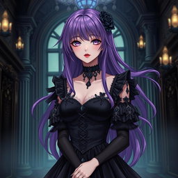 A captivating gothic anime girl with flowing purple hair, dressed in an exquisite gothic black dress that features elegant black sleeves and elaborate chains