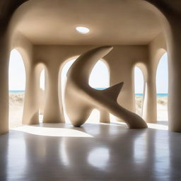 An expansive avant-garde gallery, boasting polished concrete walls and a beach inspired floor, is dominated by a large, intricate sculpture made entirely of sand. This masterpiece has captured the attention of the small silhouettes, some lost in its wonder. The scene is encapsulated in stunning architectural photography.