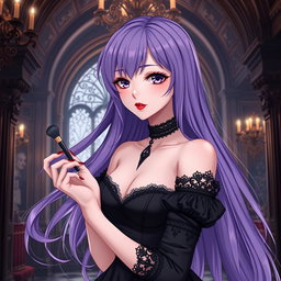 A captivating gothic anime girl with long flowing purple hair, elegantly dressed in a beautiful gothic black dress that features intricate black sleeves and decorative chains