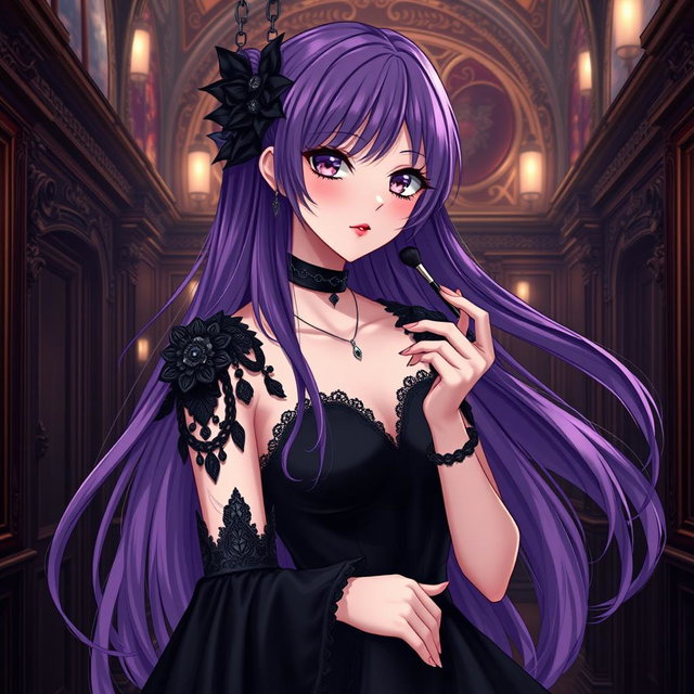 A captivating gothic anime girl with long flowing purple hair, elegantly dressed in a beautiful gothic black dress that features intricate black sleeves and decorative chains