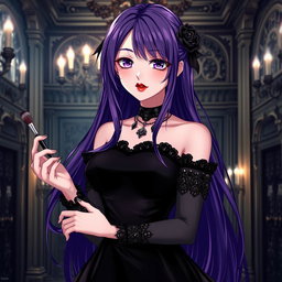 A captivating gothic anime girl with long flowing purple hair, elegantly dressed in a beautiful gothic black dress that features intricate black sleeves and decorative chains