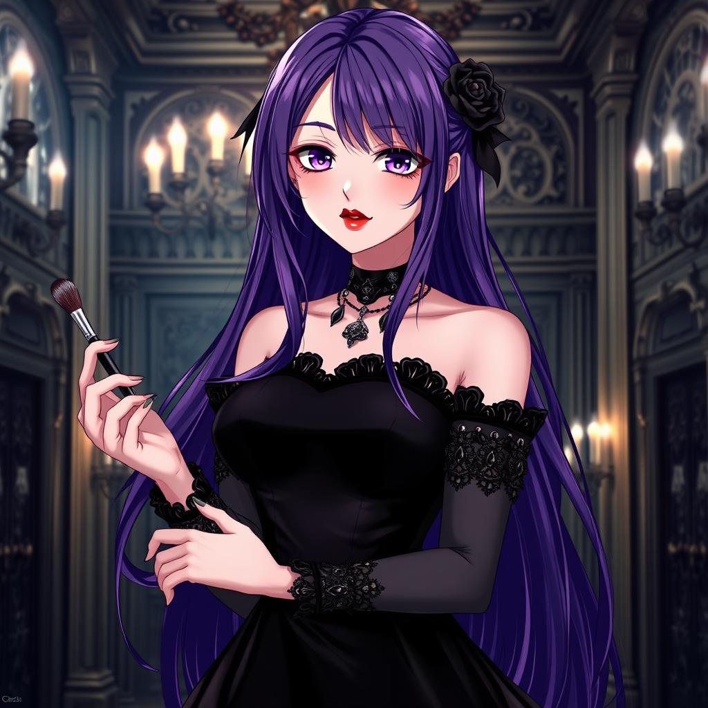 A captivating gothic anime girl with long flowing purple hair, elegantly dressed in a beautiful gothic black dress that features intricate black sleeves and decorative chains