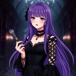 A captivating gothic anime girl with long flowing purple hair, elegantly dressed in a beautiful gothic black dress that features intricate black sleeves and decorative chains