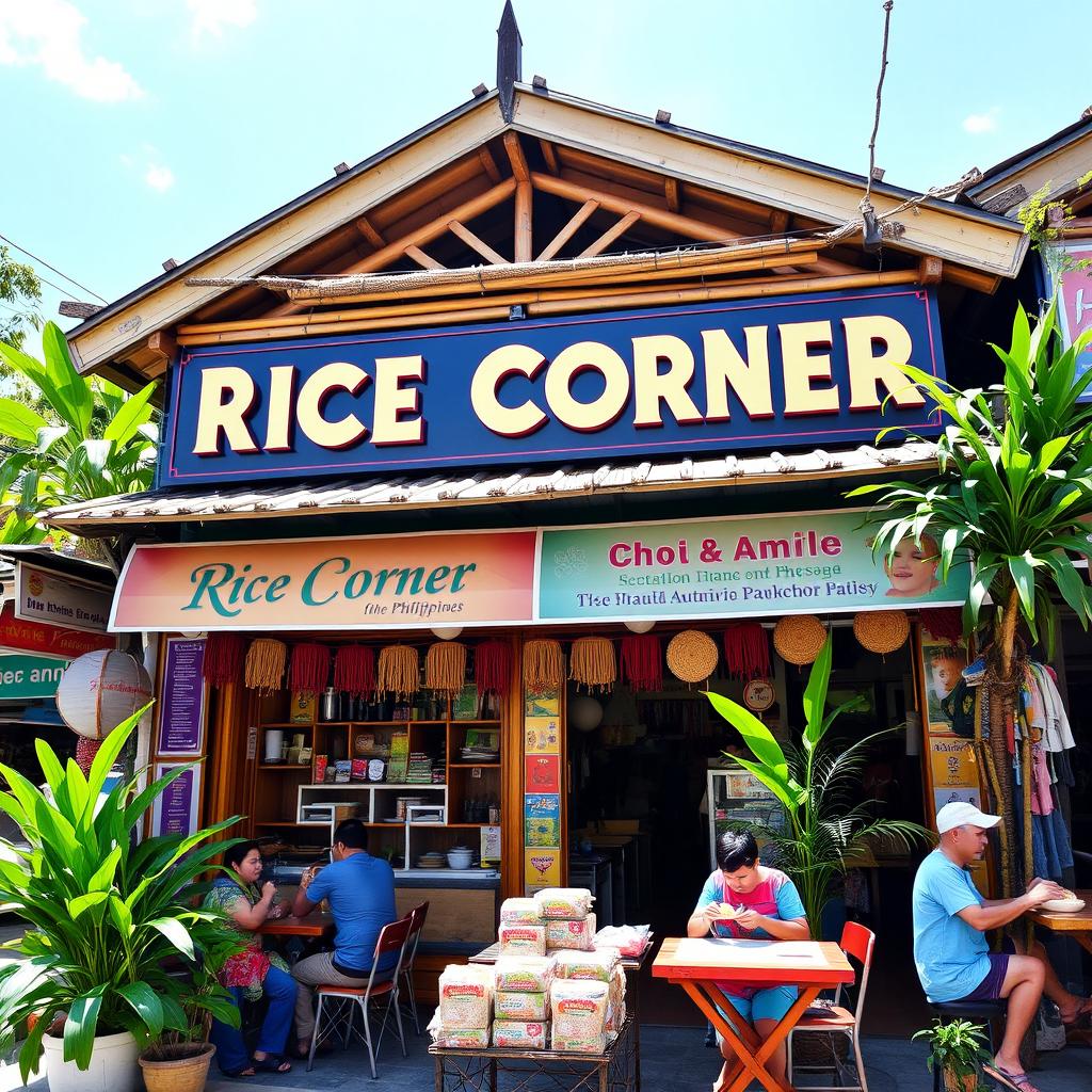 A vibrant photograph of a shop named 'Rice Corner' located in the Philippines, showcasing its colorful signage and traditional architecture