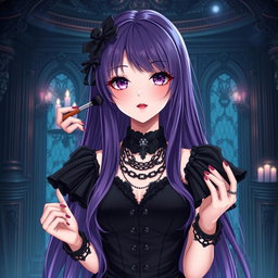 A breathtaking gothic anime girl with long, flowing purple hair, dressed in a stunning gothic black dress featuring elegant black sleeves and intricate chains