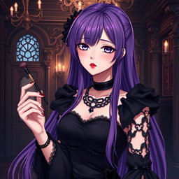 A breathtaking gothic anime girl with long, flowing purple hair, dressed in a stunning gothic black dress featuring elegant black sleeves and intricate chains