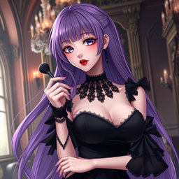 A breathtaking gothic anime girl with long, flowing purple hair, dressed in a stunning gothic black dress featuring elegant black sleeves and intricate chains