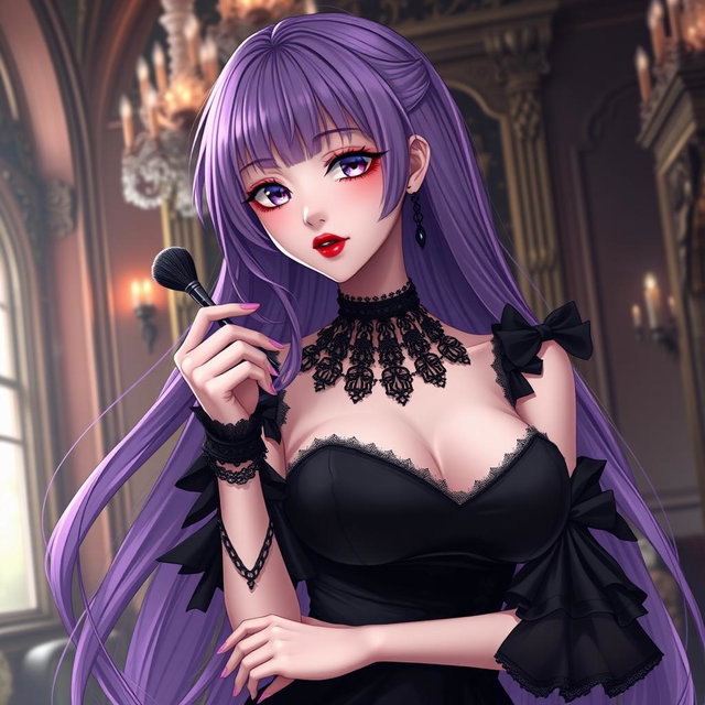 A breathtaking gothic anime girl with long, flowing purple hair, dressed in a stunning gothic black dress featuring elegant black sleeves and intricate chains