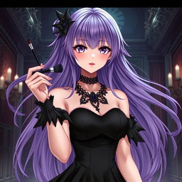 A breathtaking gothic anime girl with long, flowing purple hair, dressed in a stunning gothic black dress featuring elegant black sleeves and intricate chains